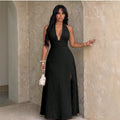 fashion women's deep v neck sleeveless tie back backless silm slit textured retro long skirt