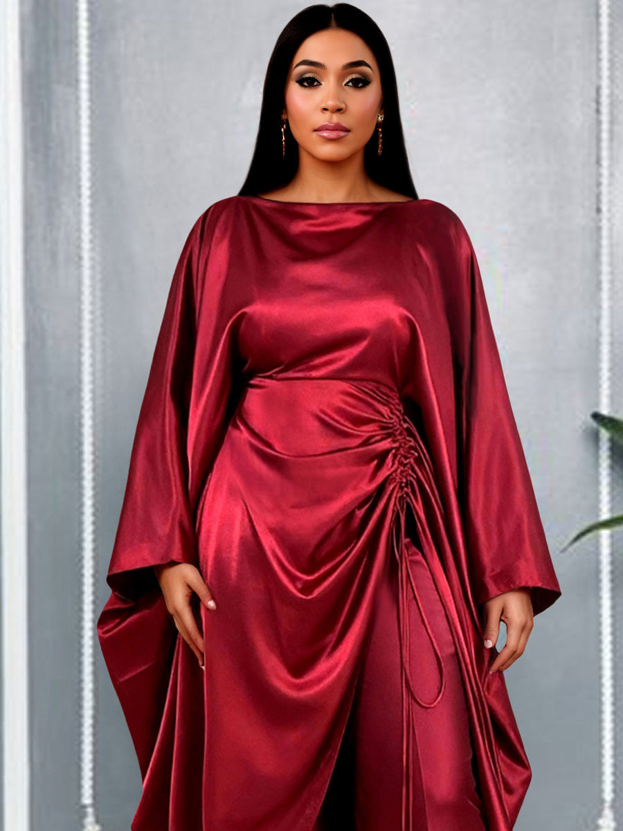 African deep red satin drawstring pant set - loose batwing sleeve cinched waist slimming robe wide leg two-piece outfit