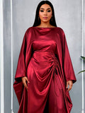 African deep red satin drawstring pant set - loose batwing sleeve cinched waist slimming robe wide leg two-piece outfit