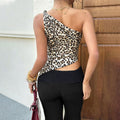 fashion leopard print one-shoulder slanted shoulder suspender women's asymmetrical hem silmslimming look hot girl style shorttops