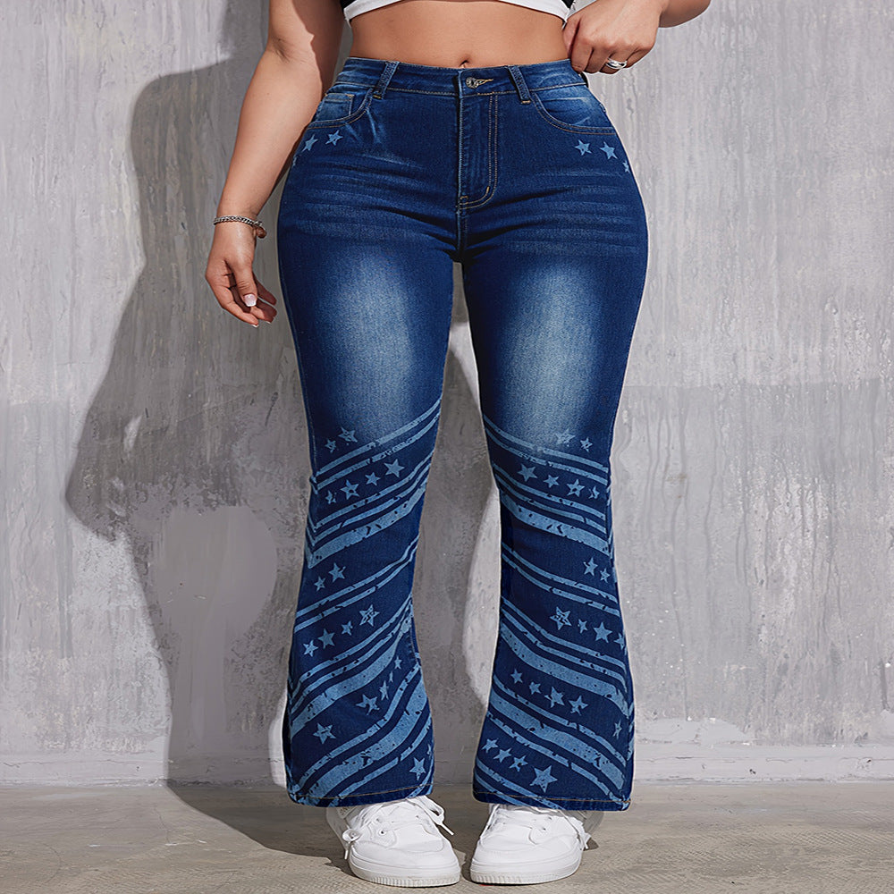 European and american style women's jeans -  cross-border winter fashion streetwear high-waisted printed stretch casual pants