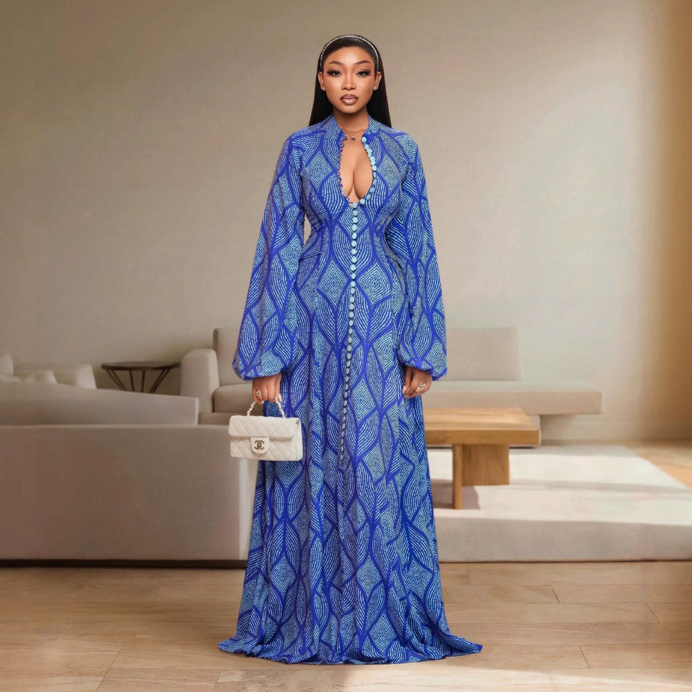 European and american cross-border women's clothing:  summer new arrival - elegant, slim-fit, printed maxi dress with button detail