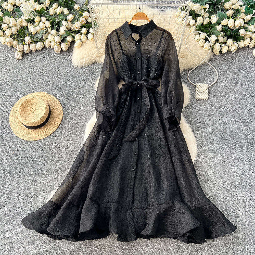 Korean style light luxury long sleeve lantern sleeve mesh dress women's summer tie-waist a-line elegant maxi dress for work