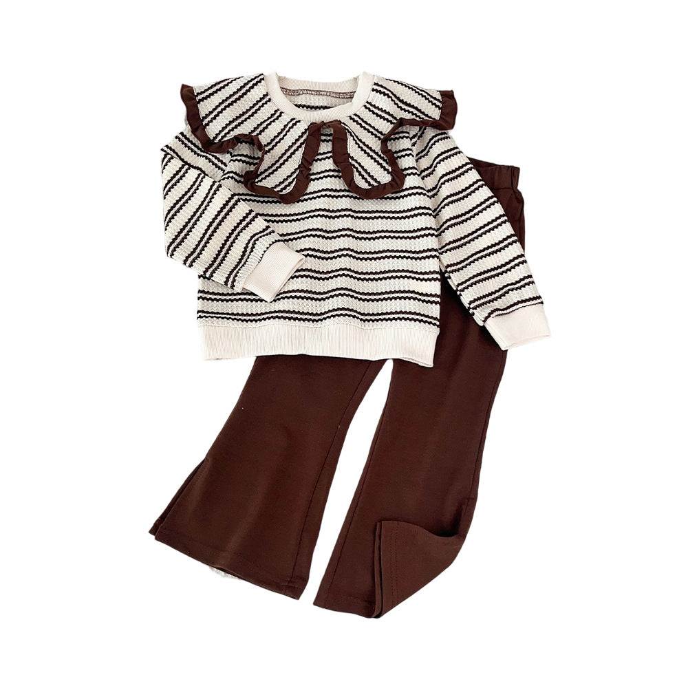 Girls' new spring/autumn striped polo shirt long sleeve sweatshirt and pants two-piece set - cross-border girl's outfit