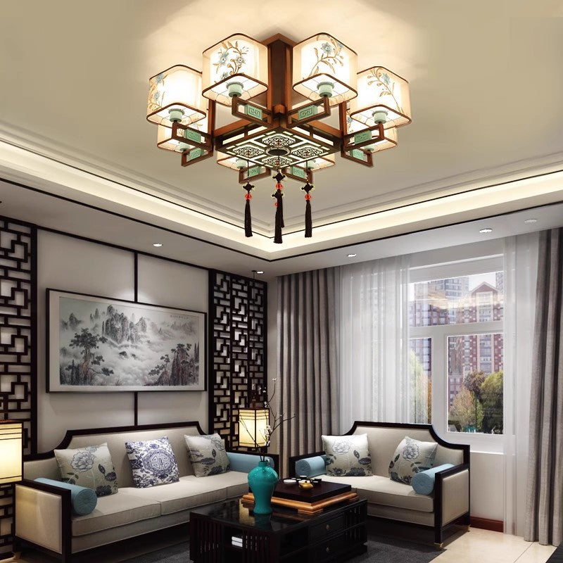 New Chinese style bedroom living room ceiling lamp Chinese style atmosphere Zen dining room box tea room embroidery fabric chandelier