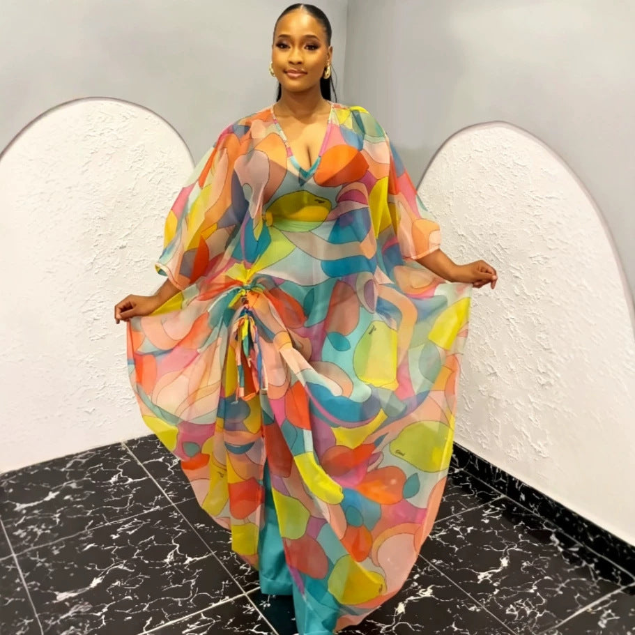 African wedding party dress - colorful leopard print batwing sleeve shirred design robe bubudress