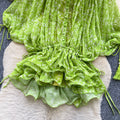 Vacation style green floral short-sleeved dress women's summer rufflesv neck bat sleeve high waist a-line skirt light oxygen feel