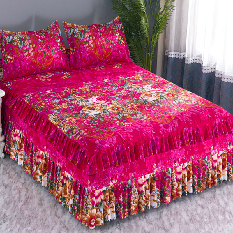 Bedspread bed skirt three-piece set korean style lace bed cover fitted sheet bed cover 3-piece set 1.68m bed 2.0 bed protector