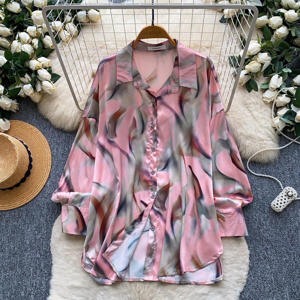 French chic print blouse - women's long sleeve, relaxed fit, open front cardigan - versatile & slimming top for work & casual wear - autumn  collection - effortless style