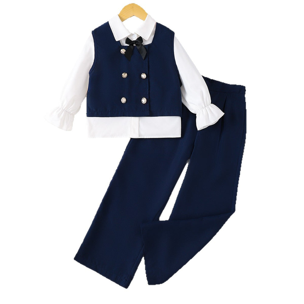 Export kids suit three-piece dark blue vest long sleevesshirt trousers british style girlsuit