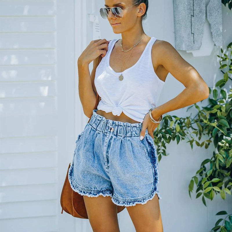 Factory direct sales fashion cross-border independent station new arrival  raw edge lace denim elastic waist shorts  trend