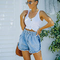Factory direct sales fashion cross-border independent station new arrival  raw edge lace denim elastic waist shorts  trend
