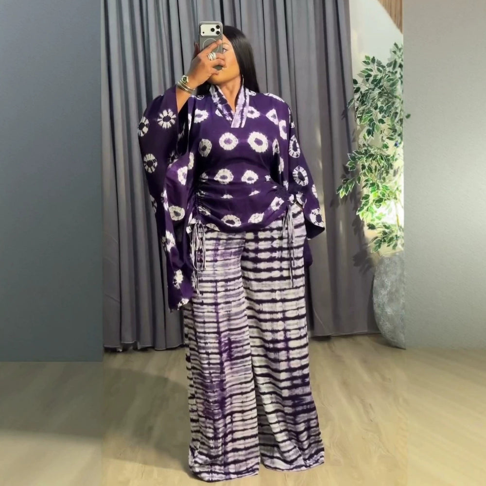 african plus size women's clothing  summer new fashion v-neck printed drawstring top and wide-leg pants set