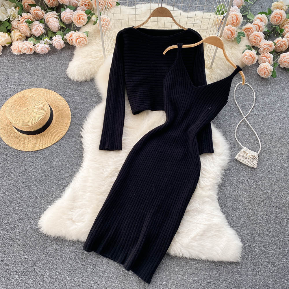 Hong kong style retrochicshortknitting shirt tops suspender v neckelegant hip-hugging dress layered two-piece set
