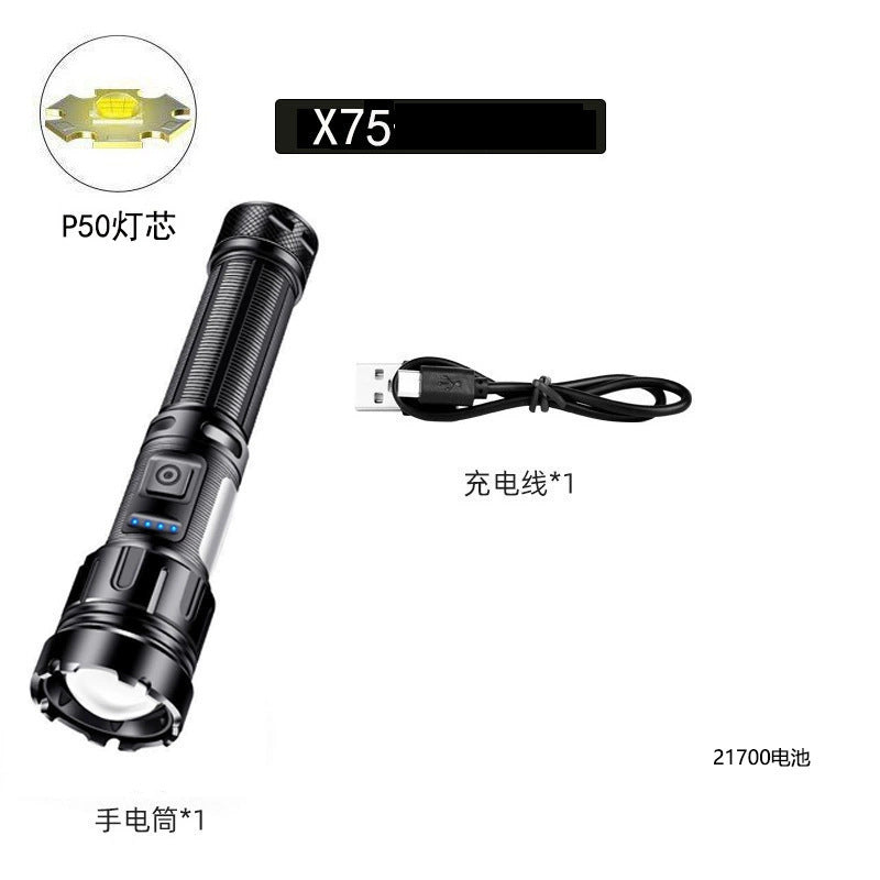 Cross-border P70 strong light flashlight outdoor waterproof USB charging retractable zoom high power LED flashlight