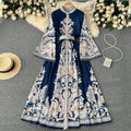 Spring new arrivalretroprinting round neck bell sleeve dress women's single breasted large swing asymmetrical pleated long skirt