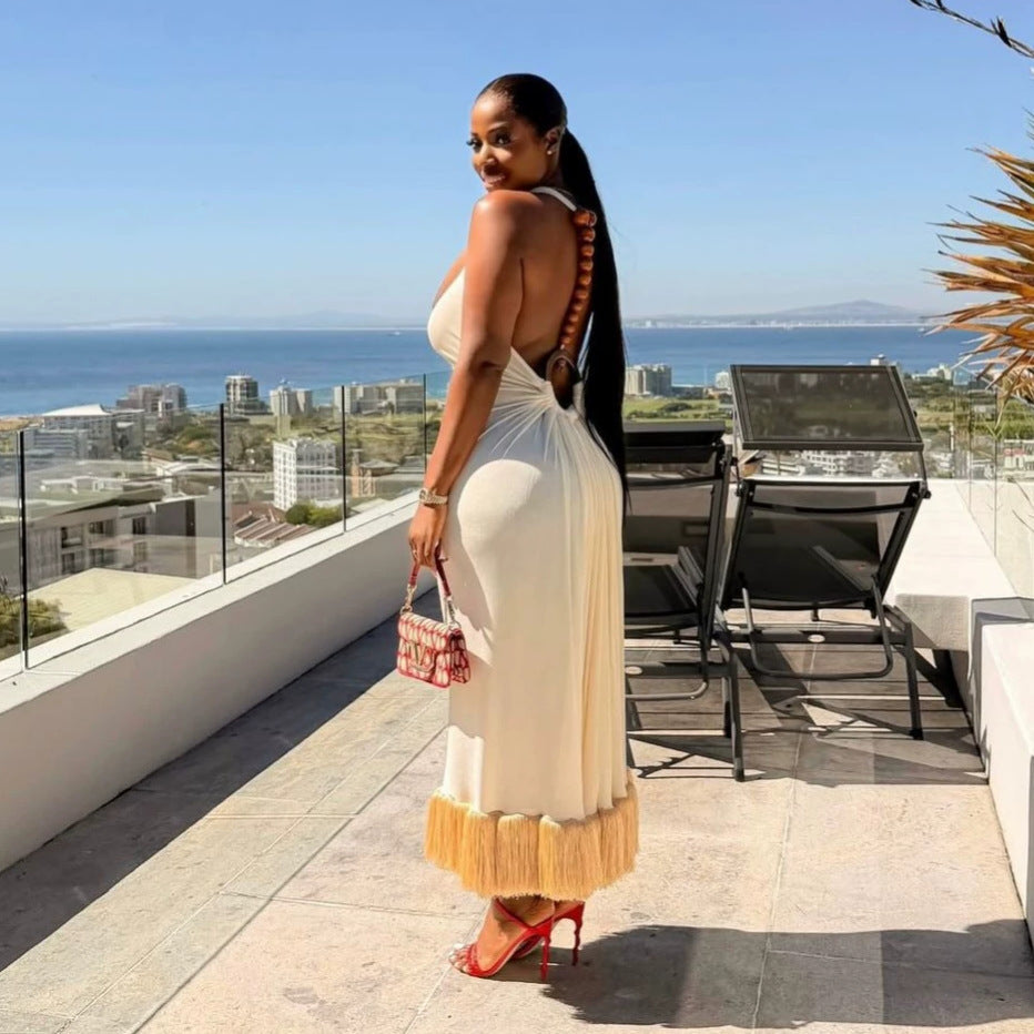European and american cross-border african women's clothing  summer new arrival: elegant semi-high neck slim-fit sleeveless tassel backless dress