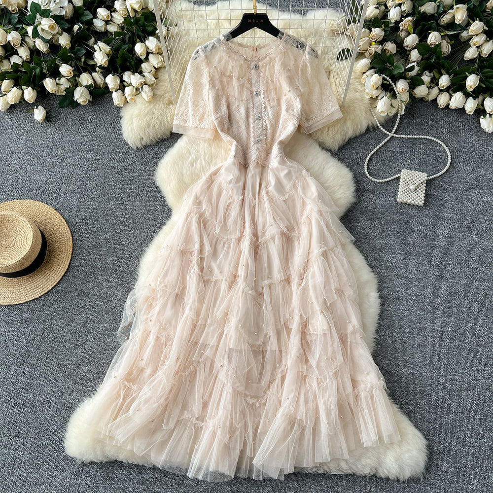 French chic high-end mini dress - women's exquisite beaded & embroidered short-sleeve, slim-fit, flattering, and fluffy tulle dress