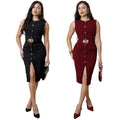 C7623 cross-border   fashion women's elegant single-breasted slim-fit slit dress - new arrival