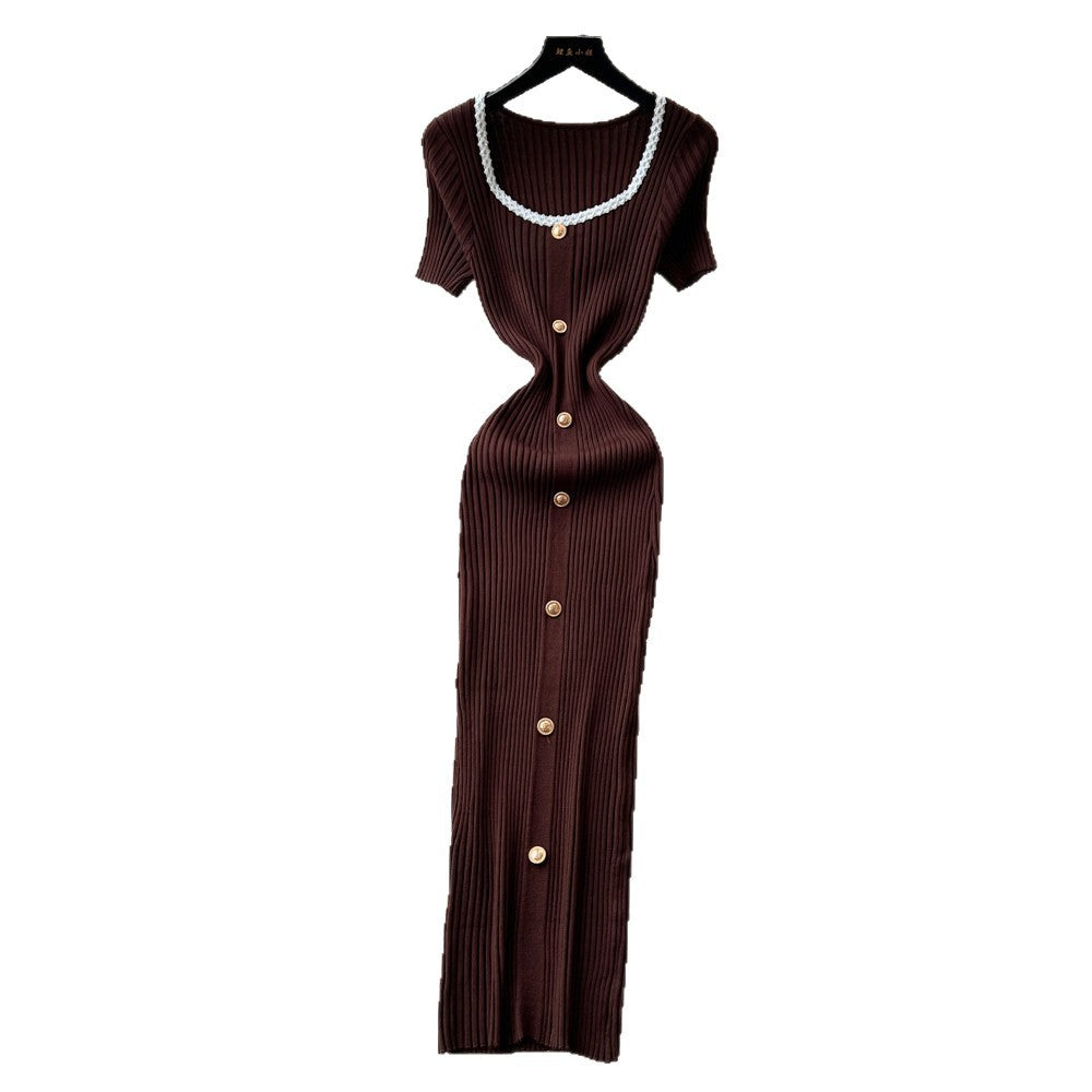 French hepburn style burgundy knittingdress women's summerk-style single-breasted silmelegant long skirt work clothing