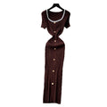 French hepburn style burgundy knittingdress women's summerk-style single-breasted silmelegant long skirt work clothing