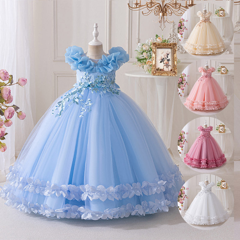 Export ready-made girl dress longembroidered mesh girl princess dress flower girl wedding dress classykids skirt