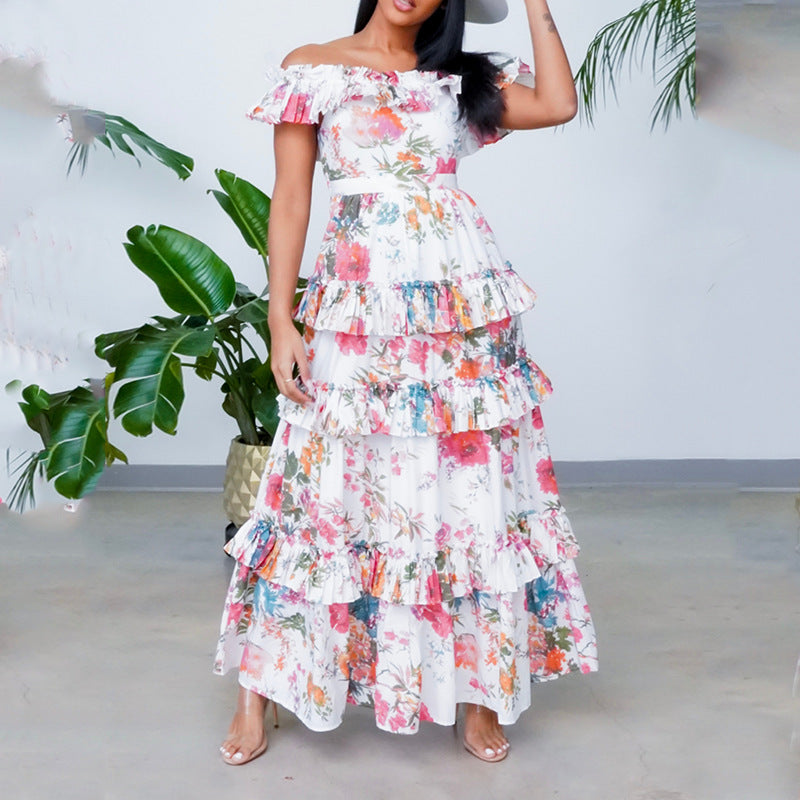 European and american 2025 summer new women's round neck long sleeve printed ruffle hem maxi dress - fashionable vacation style