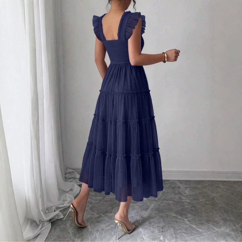 fashion  summer new arrival flying sleeve ruched ruffles vacation elegant mesh dress