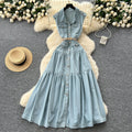 Sophisticated & chic: sleeveless denim maxi dress with metal buckle collar - a unique, high-end piece for women's summer casual wear