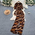 European style fashion print set - women's summer chic: tie-waist asymmetrical blouse & high-waisted wide-leg straight pants