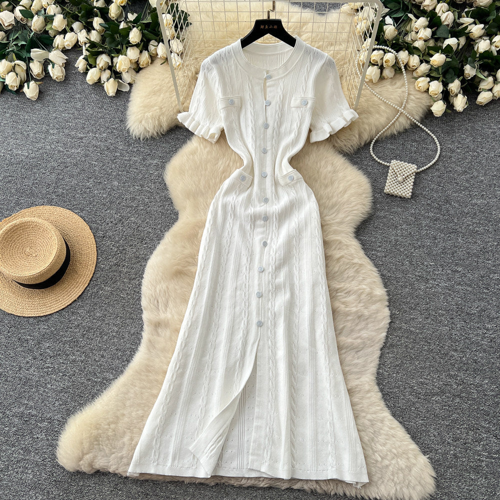 Export french tweed styleclassyfashionable buttoned silm short-sleeved knittingdress women's summer waist elegant