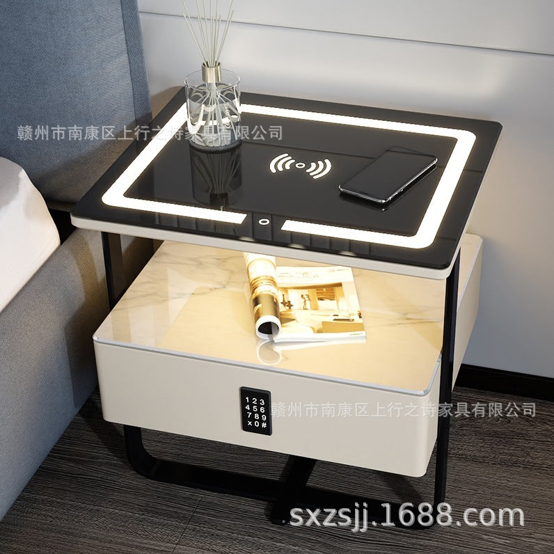 Smart white bedside table - minimalist bedroom nightstand with rock slab texture, tempered glass, solid wood, wireless charging, and storage