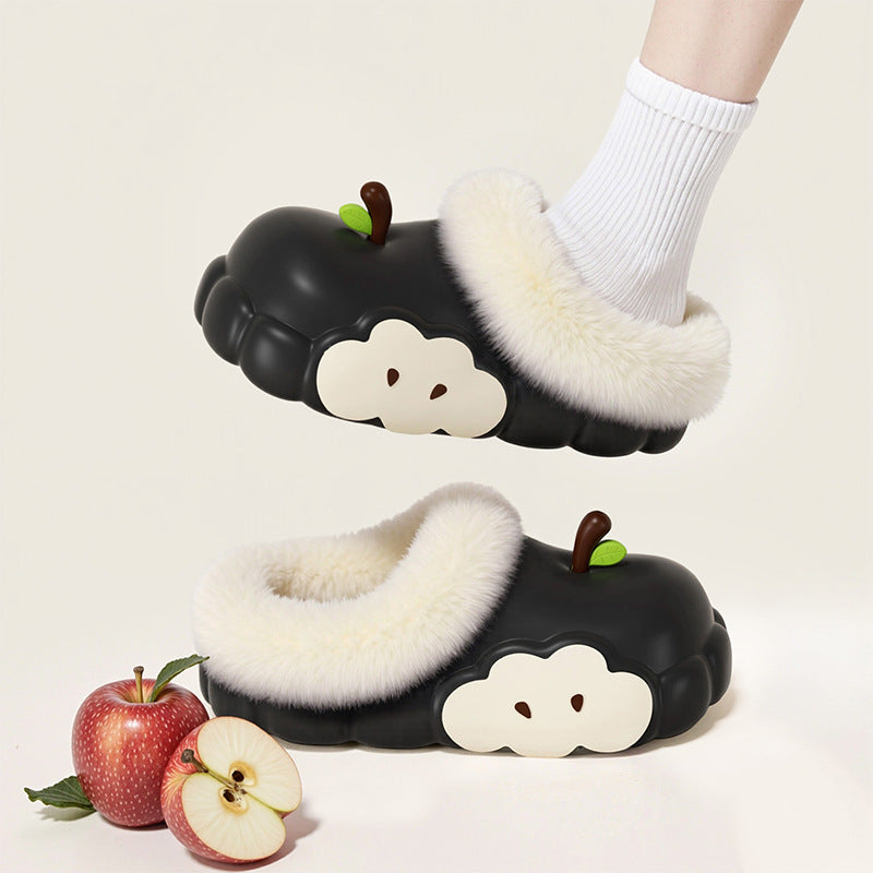 Women's cotton slippers - new 2025 winter collection: red apple design, fleece-lined, warm, indoor/outdoor, non-slip, thick-soled cotton shoes