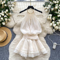 Pure desire halter beaded suspender dress goddess elegant waist ruffles chiffon skirt fairy vacation skirt