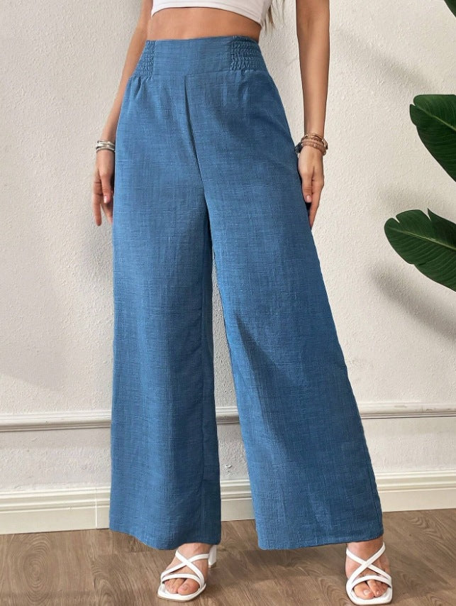 european and american cross-border  spring/summer new women's solid color shirred patchwork high-waisted slimming wide-leg pants