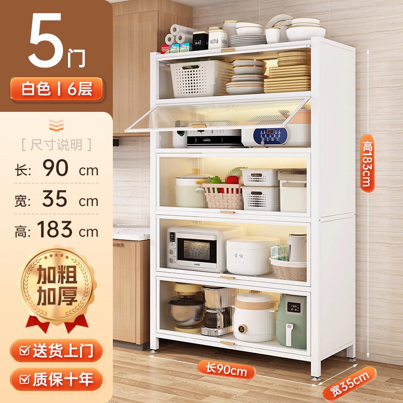 Multifunctional kitchen storage rack with cabinet doors, floor-standing, multi-tier, dustproof storage cabinet for microwave, pots, pans, and bowls