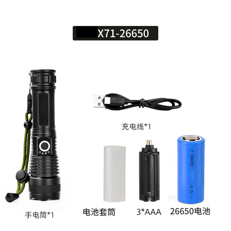 Cross-border P70 strong light flashlight outdoor waterproof USB charging retractable zoom high power LED flashlight