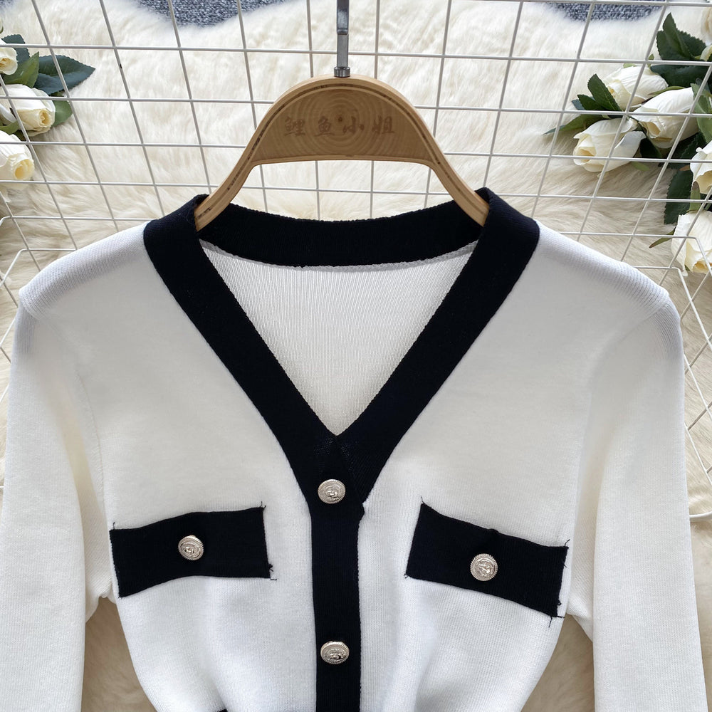 autumn new arrival: women's knitted dress - chanel-inspired retro color block v-neck knit dress with metal buckle waist detail and slim fit