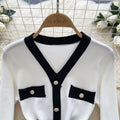 autumn new arrival: women's knitted dress - chanel-inspired retro color block v-neck knit dress with metal buckle waist detail and slim fit