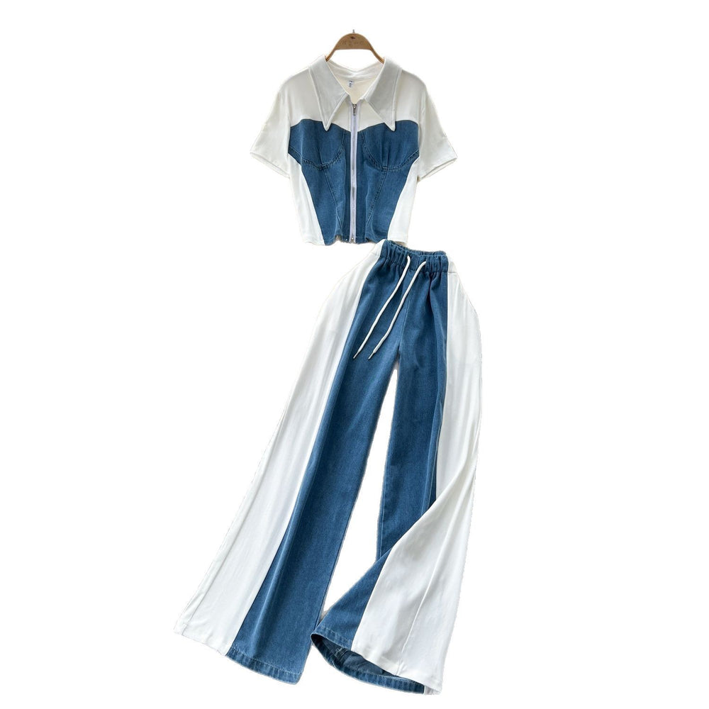 Summer outfit set: women's casual retro lapel faux two-piece short sleeve top with high-waisted patchwork denim wide-leg pants