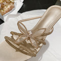 2026 summer new round toe stiletto heel sandals women's fairy style rhinestone thong sandals bow sweet chunky heel slides
