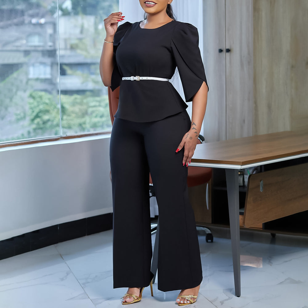 D558 women's foreign trade fashion set : elegant solid color top and wide-leg pants two-piece outfit - european and american style