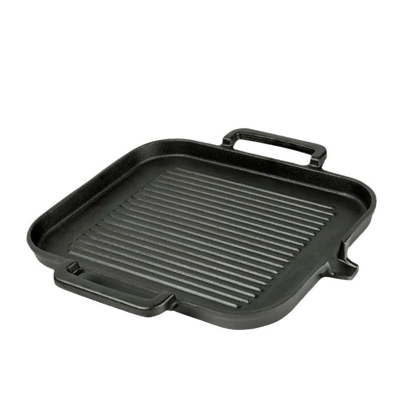 Cast iron square double handle flat bottom striped steak barbecue frying pan grilled beef fried fish fillet striped without chemical coating