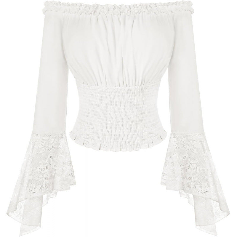Amazon fashionlace off-shoulder long sleevesshirt women's  spring new arrival one-line collar rufflestops