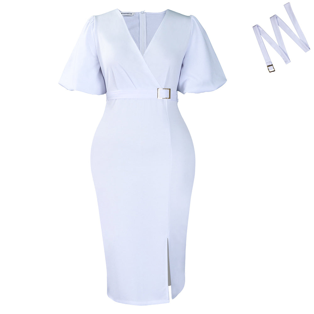 D3331export women's clothing new arrivalfashionv neck puff sleeves pure color waist slit hip-covering african dress