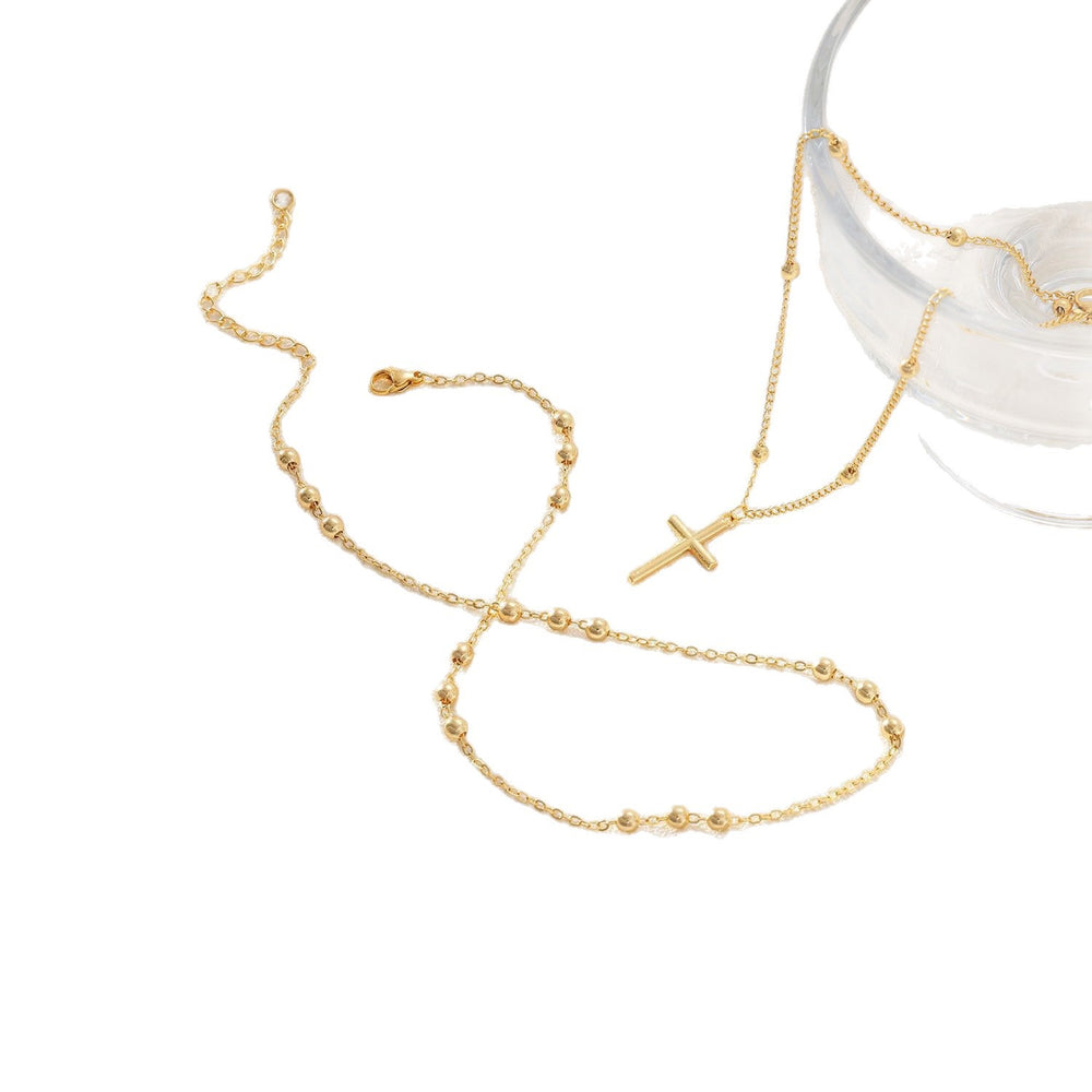 Influencer-style minimalist stainless steel fine round bead chain double layer necklace for women with cross pendant jewelry