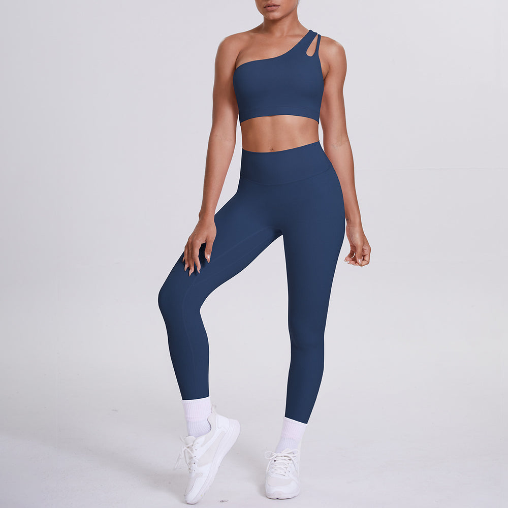 fashion double-sided nylon brushed single-shoulder yoga suit sports running fitness pants two-piece set for women