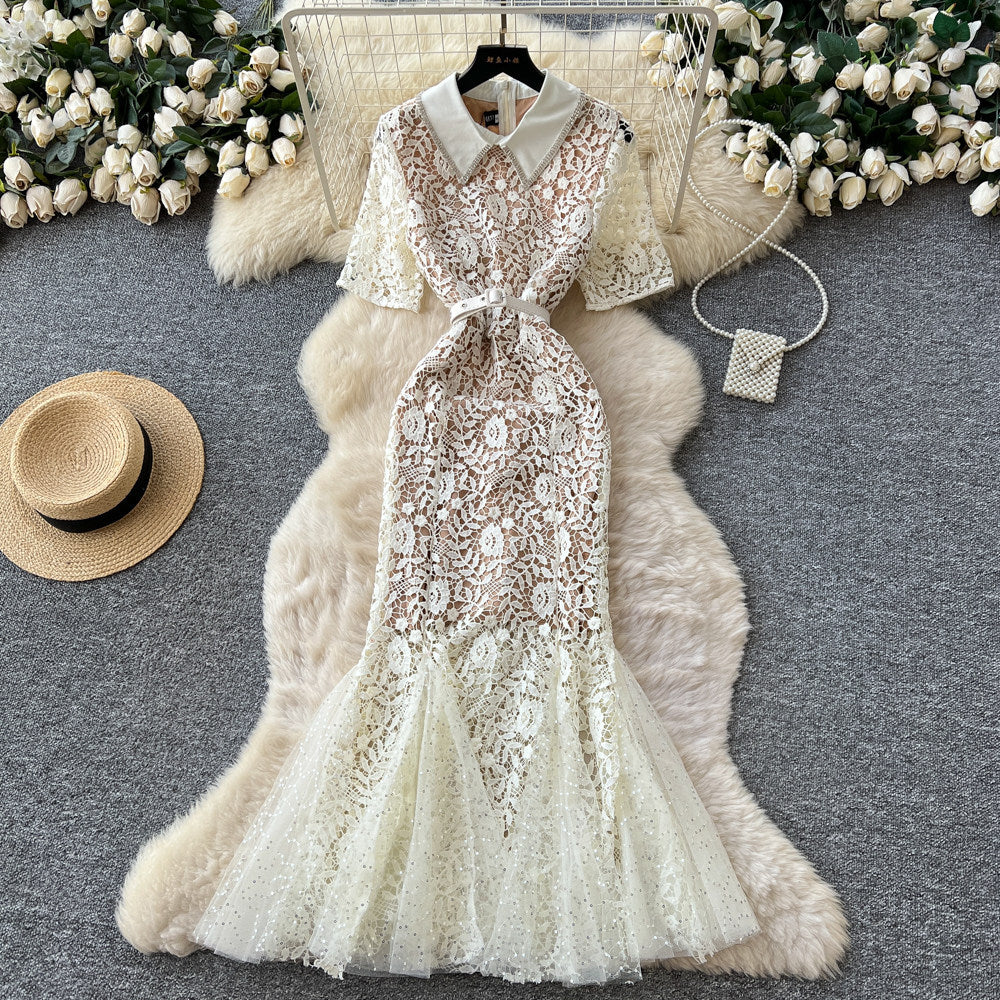Elegant lace collar dress - women's summer slimming fishtail maxi dress with short sleeves, perfect for work - apricot
