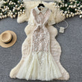 Elegant lace collar dress - women's summer slimming fishtail maxi dress with short sleeves, perfect for work - apricot