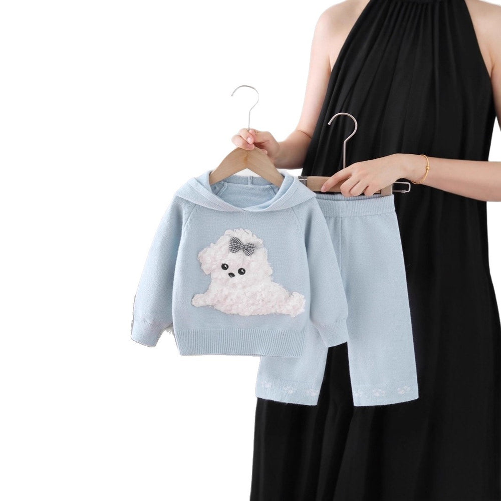 Kids' sweater set - new autumn/winter collection - baby girl cute cartoon puppy hooded knit sweater and pants set